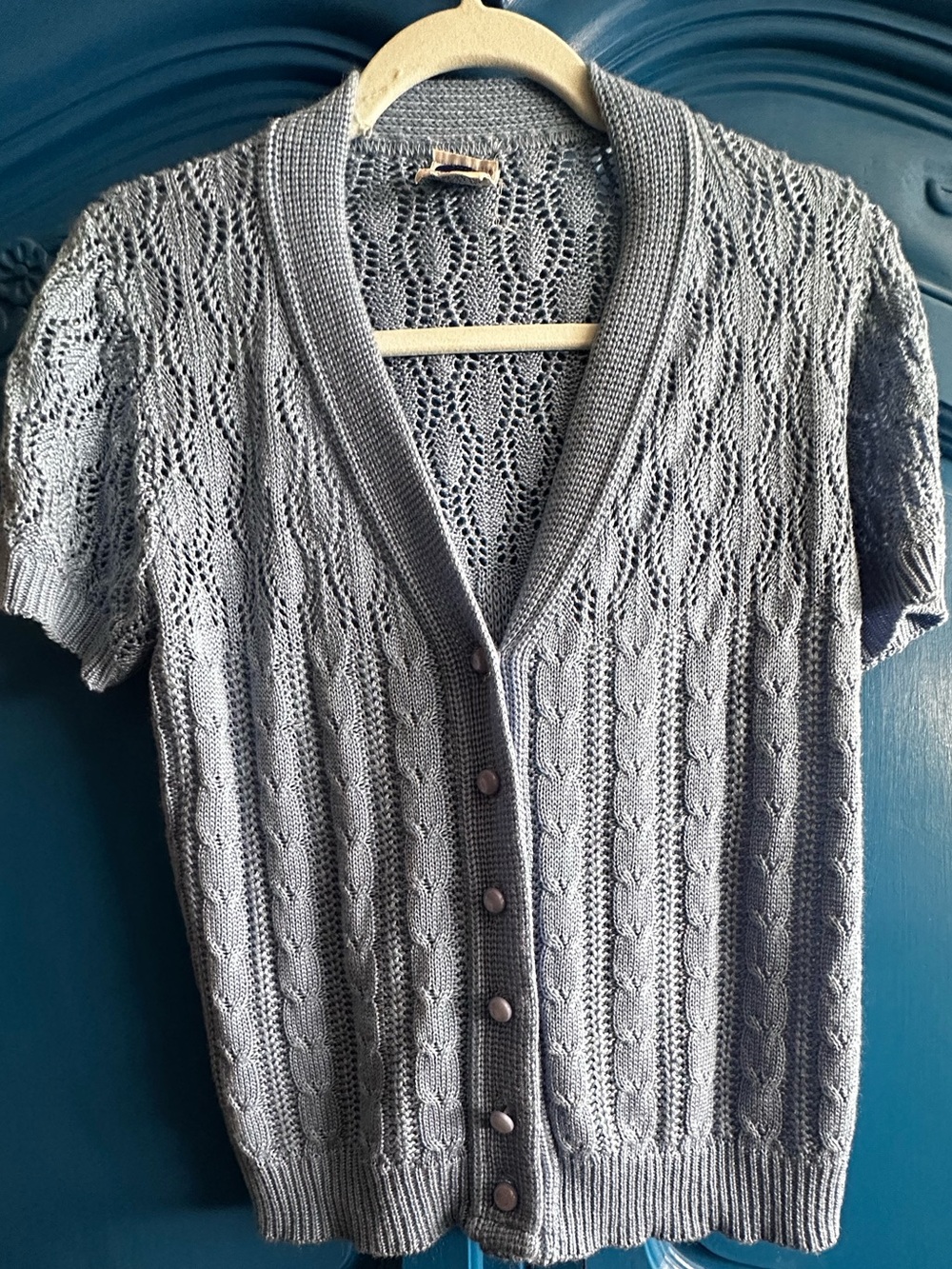 Vintage Suisse Knits Short-Sleeve Cable Knit Cardigan in Periwinkle